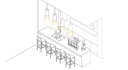 Isometric view of a modern coffee bar interior with pendant lighting