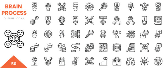 A diverse collection of 50 outline icons depicting various brain processes and thinking concepts.
