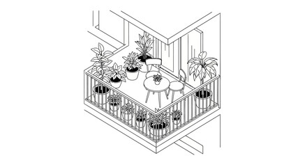 Isometric balcony with plants and furniture illustration for design