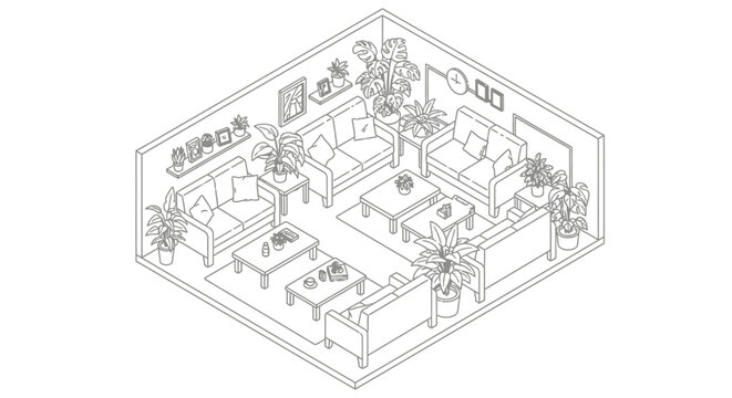 Isometric view of modern living room with furniture and plants vector illustration