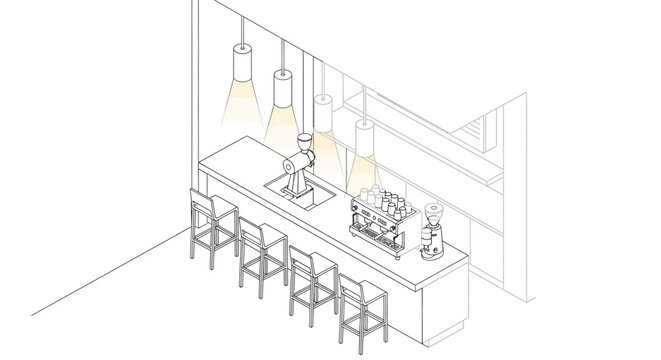 Isometric view of a modern coffee bar interior with pendant lighting