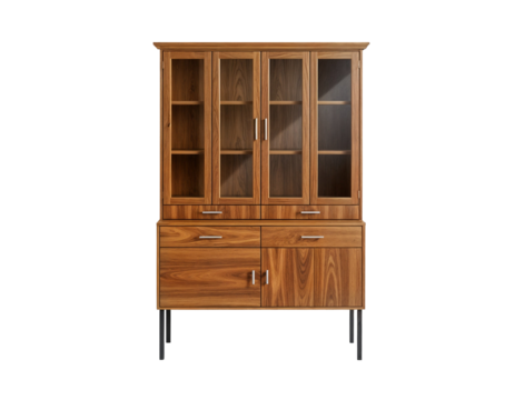 Elegant Wooden Display Cabinet with Glass Doors and Drawers