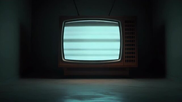 Vintage television set in a dark room with static on the screen, retro technology object, obsolete TV in empty space, horizontal lines of noise, retro look, poor signal