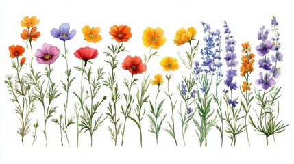 Hand-drawn botanical illustration of edible flowers for gourmet cooking, on white background