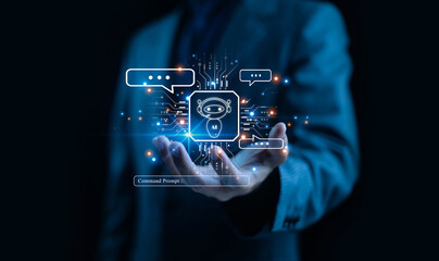 A businessman holding a glowing AI chatbot interface with digital circuits symbolizing artificial intelligence communication, automation virtual assistants, smart technology, and advanced data-driven.