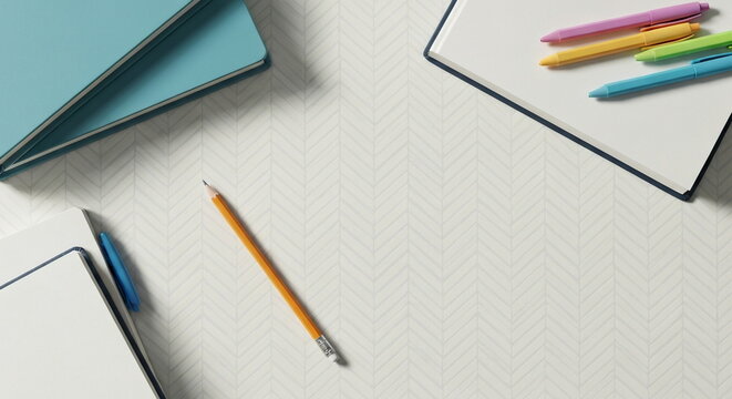 Clean flat lay of textbooks and stationery for education, soft lighting and subtle herringbone background texture. - Powered by Adobe