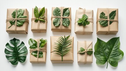 Eco-friendly gift set with recyclable wrapping and green leaves decor, isolated on white