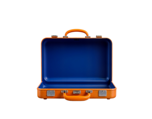 Vibrant Orange Suitcase, Open and Empty, with a Striking Blue Interior