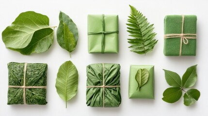 Eco-friendly gift set with recyclable wrapping and green leaves decor, isolated on white