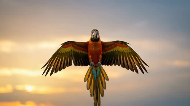Dramatic image of a colorful macaw bird in flight during sunset with expansive sky background showcasing vibrant feathers and natural aerial motion.