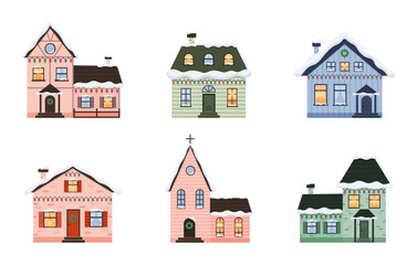 Set of isolated winter  houses in european style with garlands and snow on white background. Facade of buildings. Cartoon  facades. Colorful houses. Old city manors. Flat design. Vector illustration