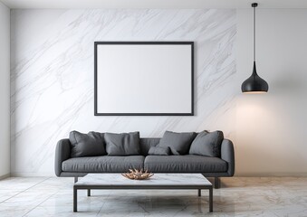 Modern minimalist living room featuring a gray sofa, marble table, and framed art
