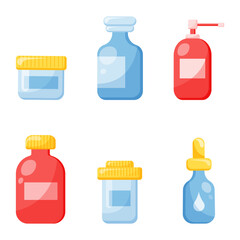 Set of  isolated medical jars on transparent background.Plastic pill bottles. Medicines. Medical tools.Isolated items.Cartoon flat style. Simple icons for medical and health theme.Vector illustration.