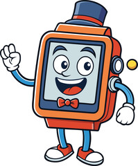 Cartoon smartwatch character wearing a hat and bowtie waving hello on a white background technology wearable
