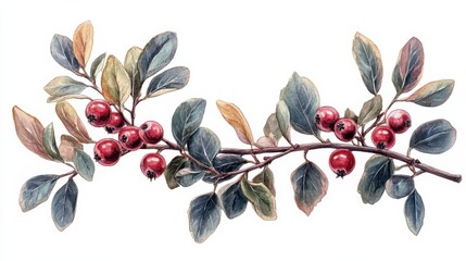Detailed watercolor illustration of bearberry plant with berries and leaves, isolated on white background