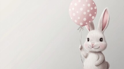 bunny with pastel pink polka dot balloon, minimal illustration style, white background, clean vector