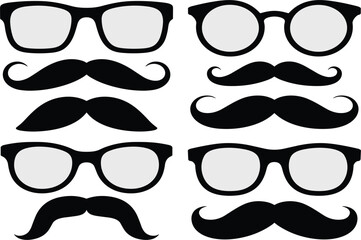 Eyeglasses and mustache silhouette vector icon set, hipster style, geek or nerd accessories, party photo booth props, and fun disguise graphic elements