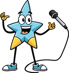 Cheerful cartoon blue star character with yellow accents holding a microphone and singing with a happy expression on a white background