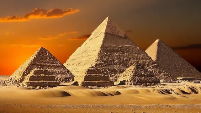 Video Three ancient Egyptian pyramids at sunset in the desert