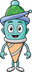 Cute blue alien ice cream cone character with green polka dot hat and blue brim cartoon, Funny cartoon illustration of a kid alien character in a cap inside a spaceship