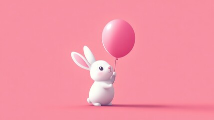 bunny balancing pastel pink balloon on its nose, minimal flat vector illustration
