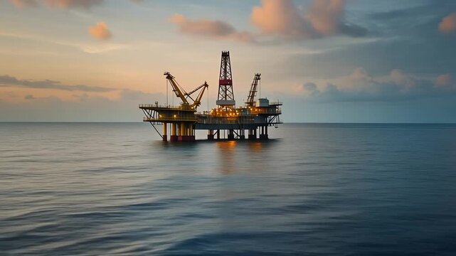 Offshore Jack Up Oil Rig in The Middle of The Ocean at Sunset.