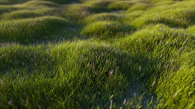 Lush green grass covering rolling land, interspersed with small purple flowers creating a peaceful and relaxing natural scene.