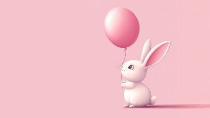 bunny balancing pastel pink balloon on its nose, minimal flat vector illustration