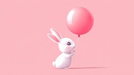 bunny balancing pastel pink balloon on its nose, minimal flat vector illustration