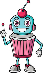 Cute blue robot with pink cupcake body and cherry on head holding up , Cute green vector cartoon android robot character 