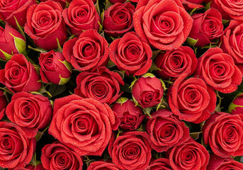 Naklejka premium Beautiful bouquet of bright red roses in full bloom arranged closely together showing vibrant petals and lush texture