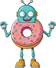 funny cartoon android robot character in a cute happy vector style, Cute Cartoon Donut Robot Character with Sprinkles and Antennae 