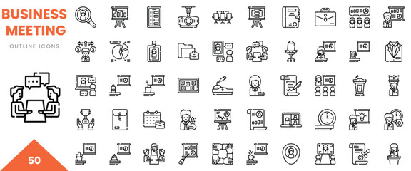 A collection of 50 outline icons depicting various aspects of business meetings and presentations.
