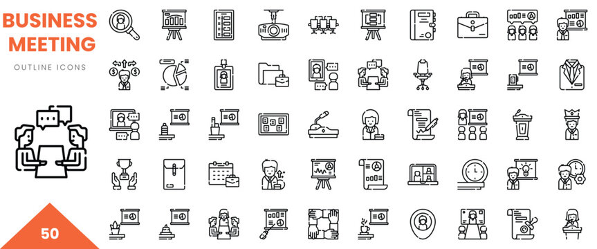 A collection of 50 outline icons depicting various aspects of business meetings and presentations.