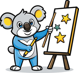 funny cartoon artist holding a board for kids alphabet coloring illustration, Cute cartoon koala artist painting stars on an easel with a pencil and brush 