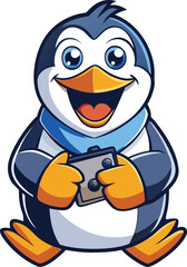 Cute cartoon penguin character holding a tablet computer with a happy expression on a white background, Funny cartoon penguin character with a baseball bat and ball, cute winter bird illustration