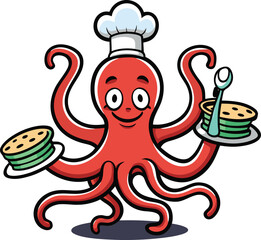 Happy cartoon octopus chef wearing a chef hat holding plates of food, funny cartoon octopus holding vegetables in a cute vector style