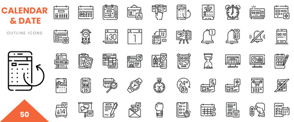 A collection of outline icons representing calendar and date concepts, ideal for digital design.