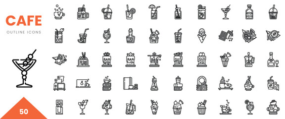 Collection of 50 outline icons representing various cafe drinks and desserts in a minimalistic style.