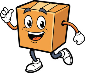 Funny cartoon android toaster character in a simple vector illustration, Smiling cartoon brown cardboard box character running with a waving hand, 
