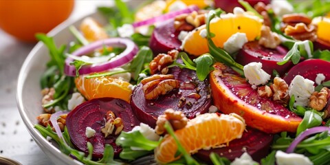Vibrant beet and orange salad with fresh greens on ceramic plate, surrounded by warm lighting and rustic background, viewed from above, evokes freshness and zest. Neural network AI generated