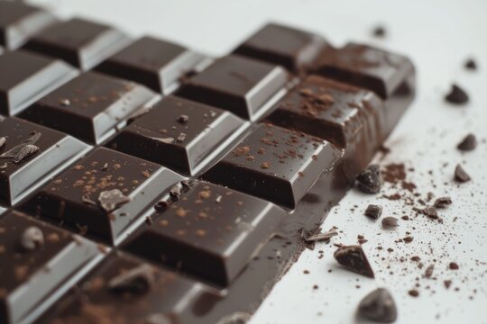 Layered milk chocolate bars form tempting tower on sleek white surface, embodying indulgence and comfort. Scene suggests warmth and delight. Neural network AI generated