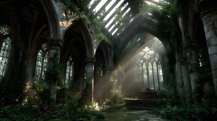 Naklejka premium Atmospheric, fantasy-inspired photograph of ancient, majestic ruins being reclaimed by nature, with lush vines and sunbeams through a broken roof.