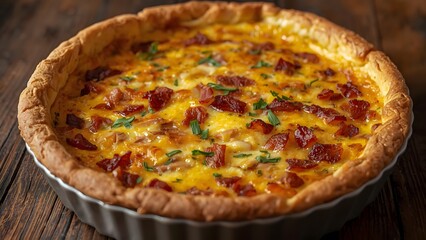 Savory bacon quiche with a golden crust showcased on rustic wooden planks