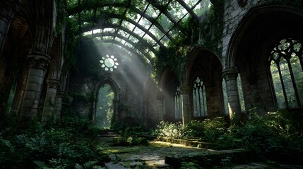 Fototapeta premium Atmospheric, fantasy-inspired photograph of ancient, majestic ruins being reclaimed by nature, with lush vines and sunbeams through a broken roof.