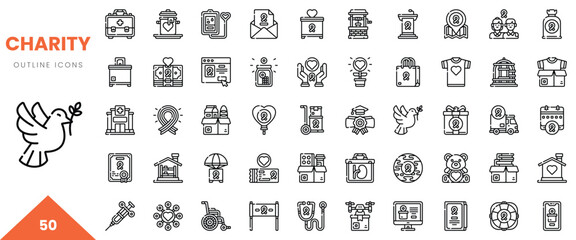 A collection of outline icons representing charity themes, including hearts, gifts, and social awareness.