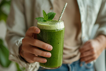 Refreshing green smoothie with mint and striped straw, held by a person. A perfect health drink for wellness and nutrition.