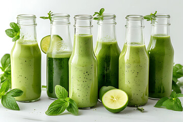 Row of bottled green smoothies and juices in varying shades, garnished with fresh mint and lime.