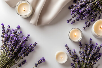 Overhead view of lit white candles and bunches of fresh lavender on a white surface with draped fabric.