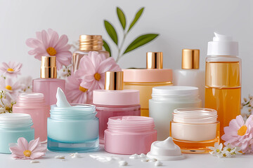 Collection of pastel-colored cosmetic jars, creams, and serum bottles with gold accents, set amongst delicate flowers.